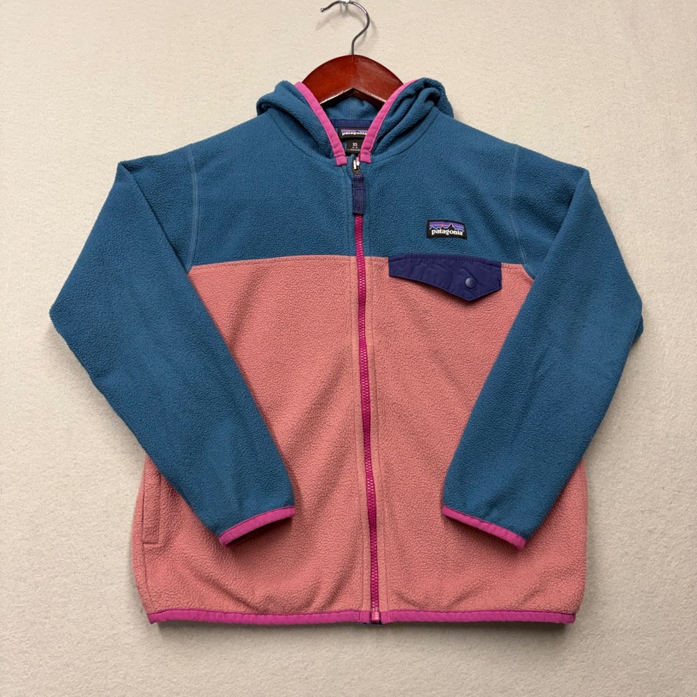 Patagonia Micro D Snap-T Hooded Jacket Kids XS 5-6 Pink Blue Full Zip Fleece